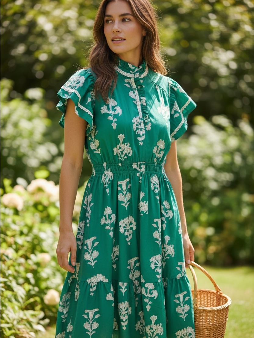 Umgee Green Midi Dress With Cream Floral Print
